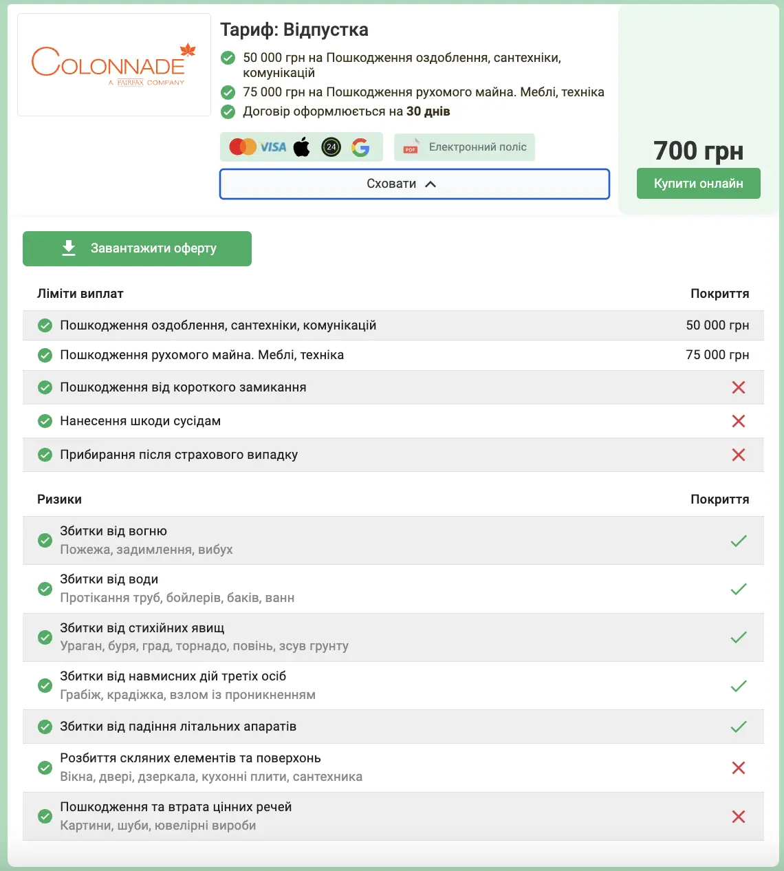 Тариф "Відпустка" від колонейд