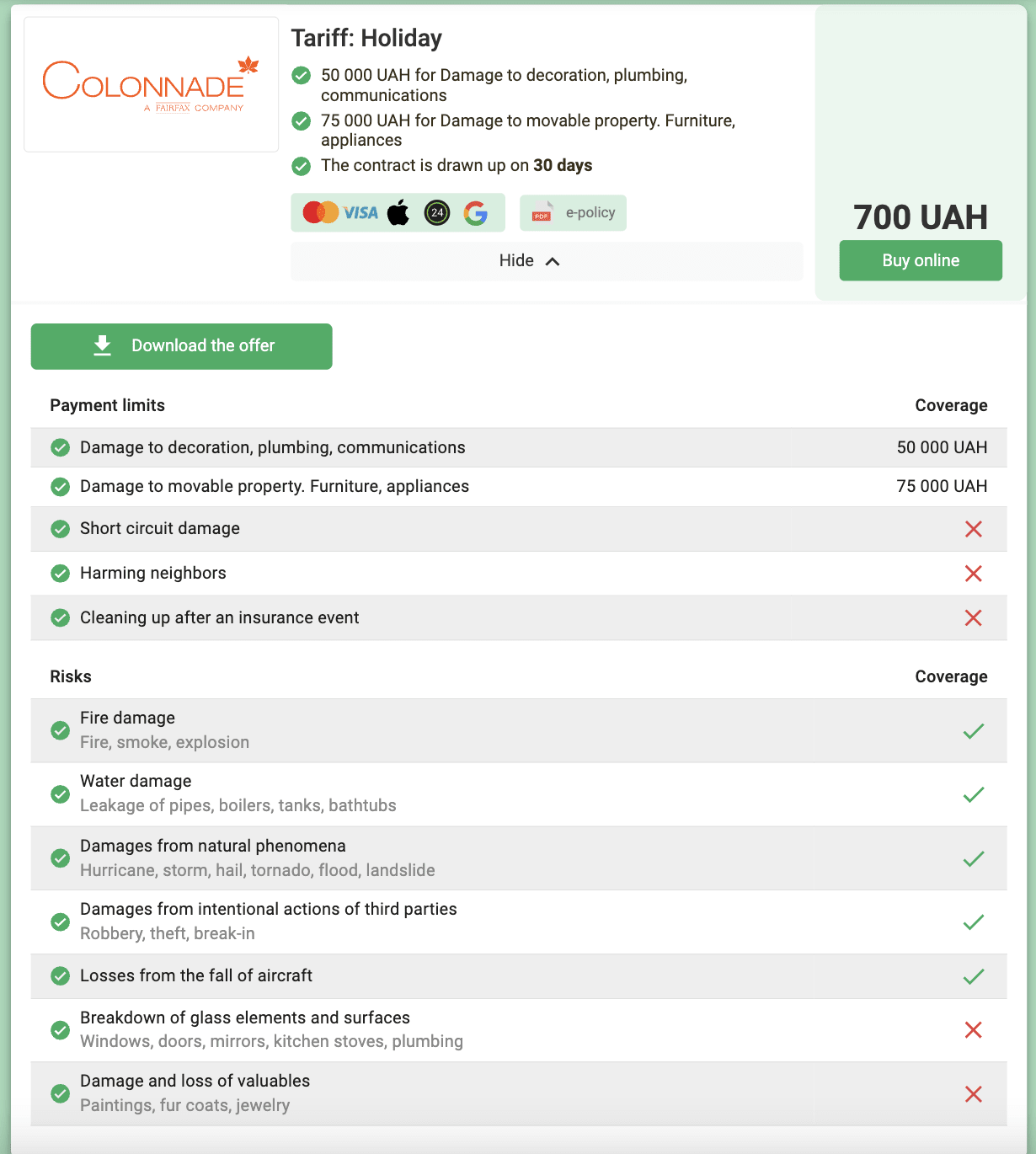 "Vacation" tariff from Colonnades