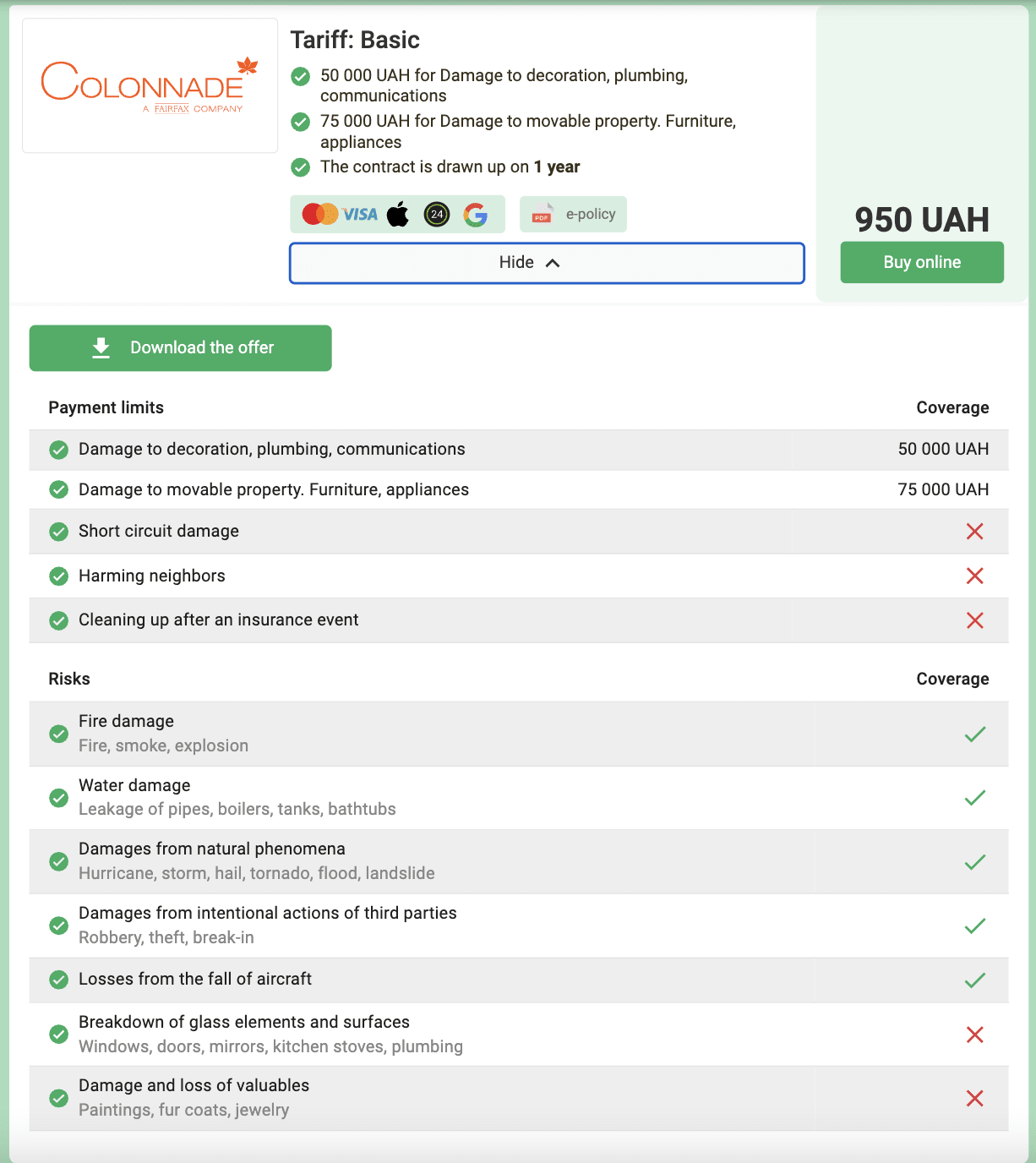 "Basic" tariff from Colonnade