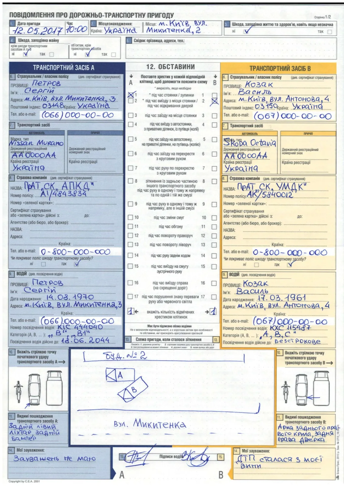 Приклад заповненого друкованого європротоколу